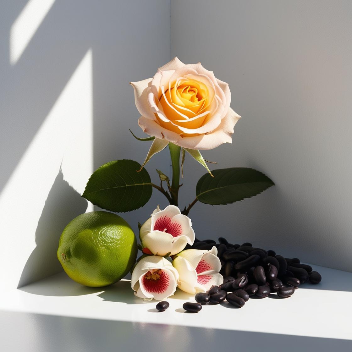 Rosa, flor de azahar y bergamota representando las notas olfativas del perfume.