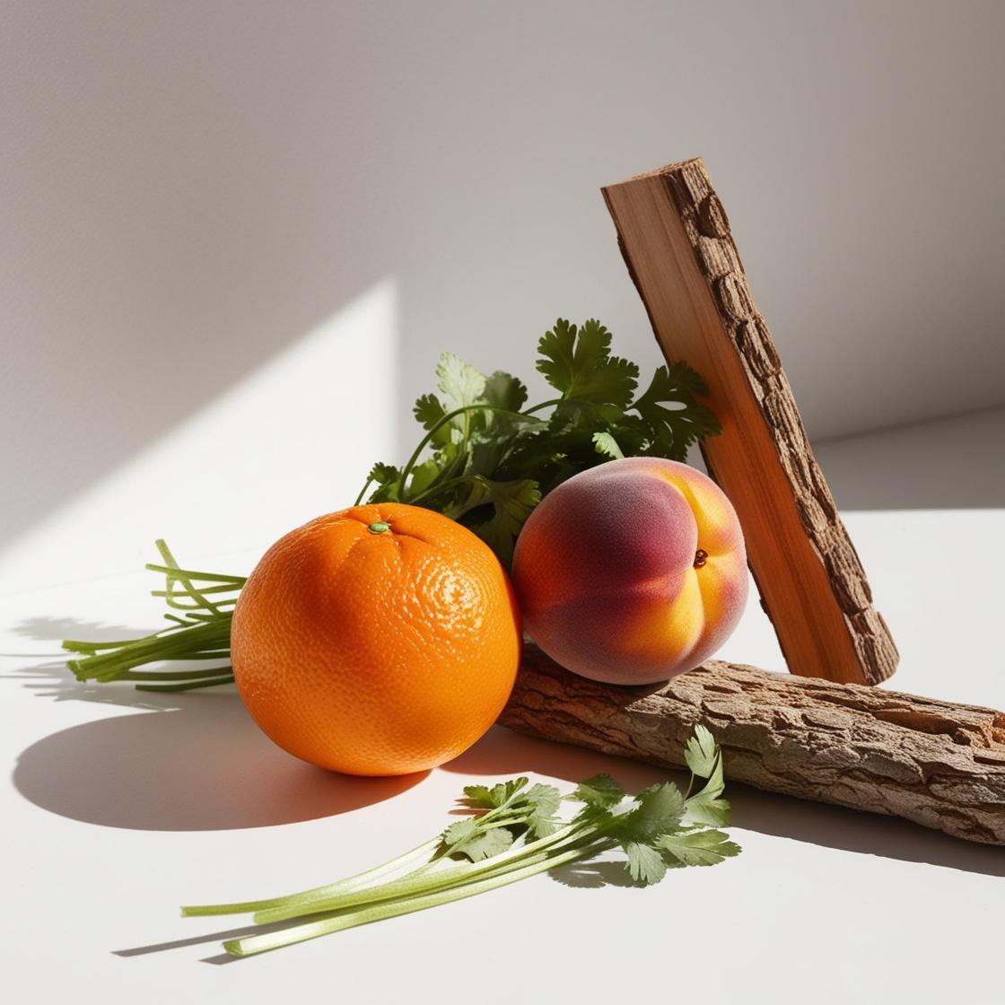 Madera, mandarina, melocotón y cilantro representando las notas olfativas del perfume.