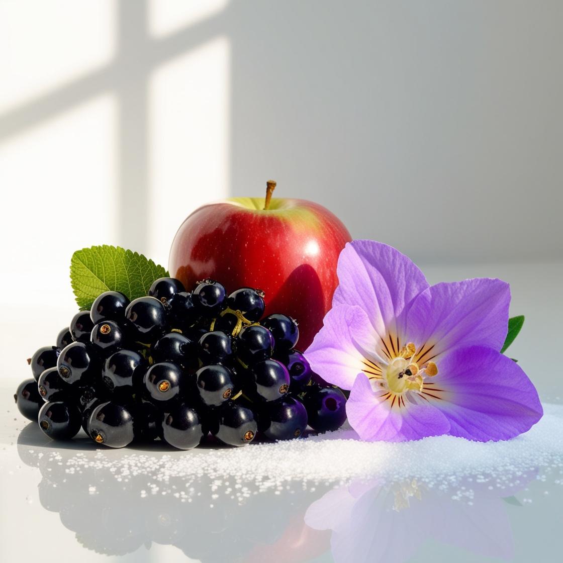 Manzana roja, violeta y grosellas negras representando las notas olfativas del perfume.