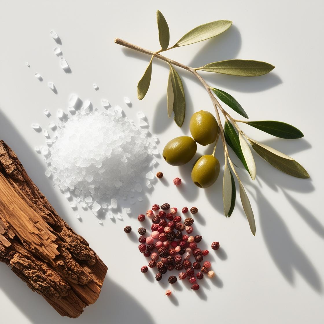 Sal de mar, pimienta rosa, olivo y cedro representando las notas olfativas del perfume.