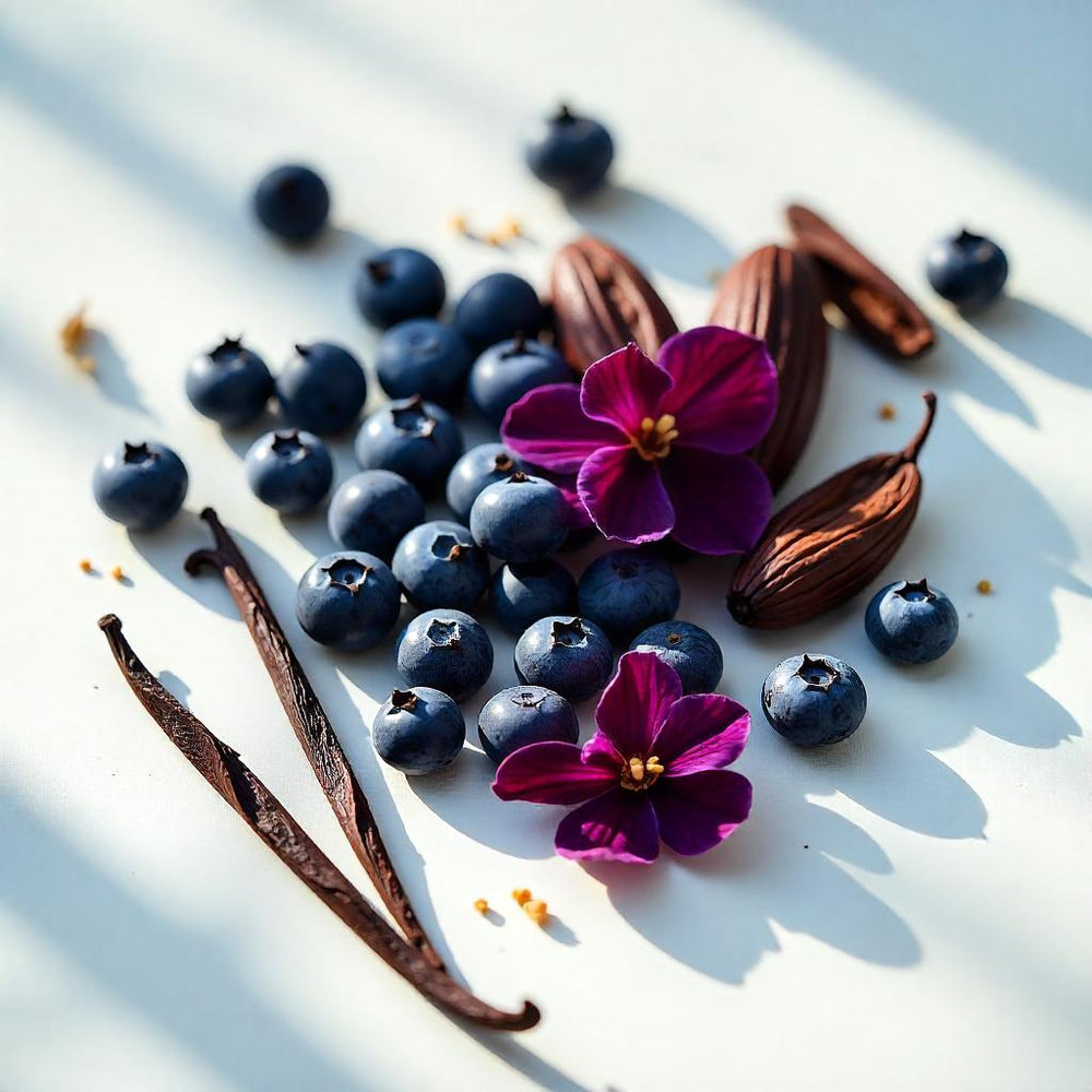 Arándano, cacao, vainilla y violeta negra representando las notas olfativas del perfume.